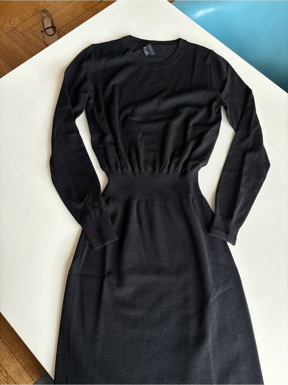 Theory Black Long-Sleeve Knit Midi Dress with Defined Waist